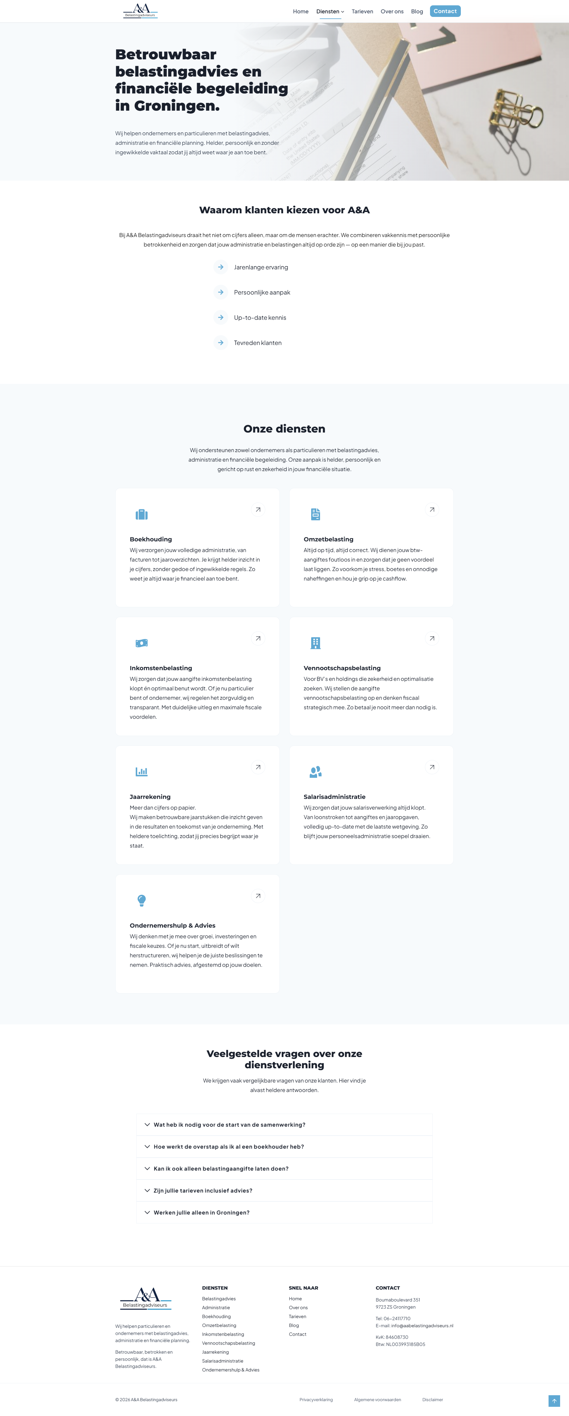 A&A Belastingadviseurs dienstenpagina